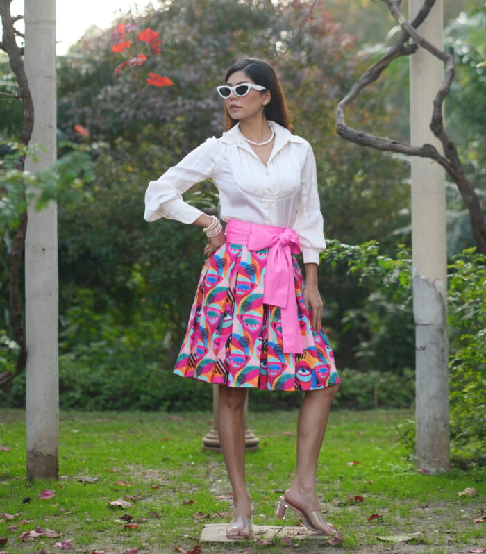 Vivid Muse Print Skirt With Bow
